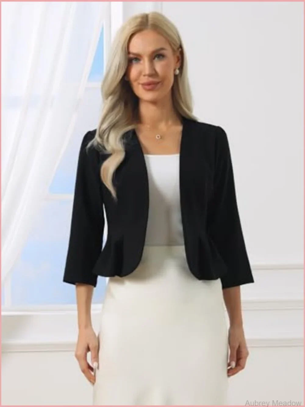 Open Front Peplum Blazer Crop Jacket 3/4 Sleeve Suit Jacket